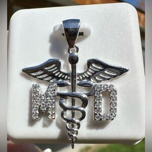 NEW 1.0ctw Moissanite Caduceus MD Medical Doctor 925 Sterling Silver Pendant